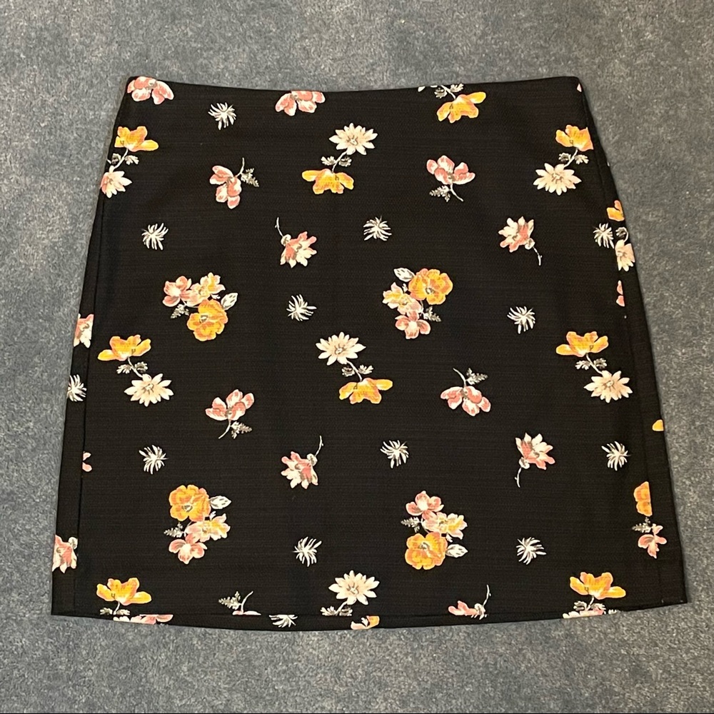 Loft Black A Line Skirt, Orange/Pink/White Floral Print, size 8